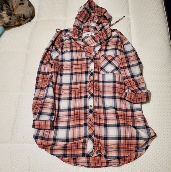 mySTYLE Plaid Flannel Button Down Shirt Hooded Oversized Long Sleeves Pink Blue - Picture 4 of 13